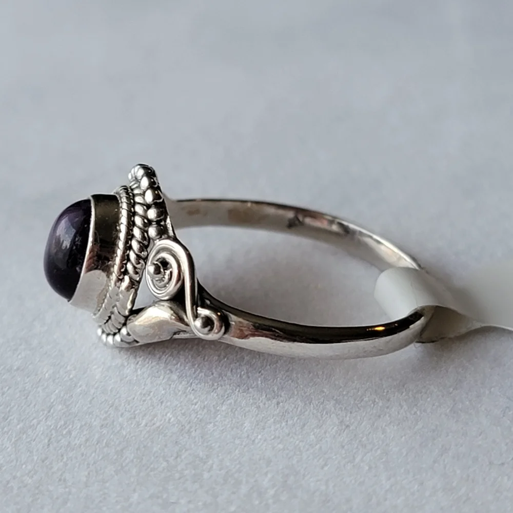 Amethyst Sterling Silver Dahlia Ring Oval Cabochon Filigree Crystal Gemstone